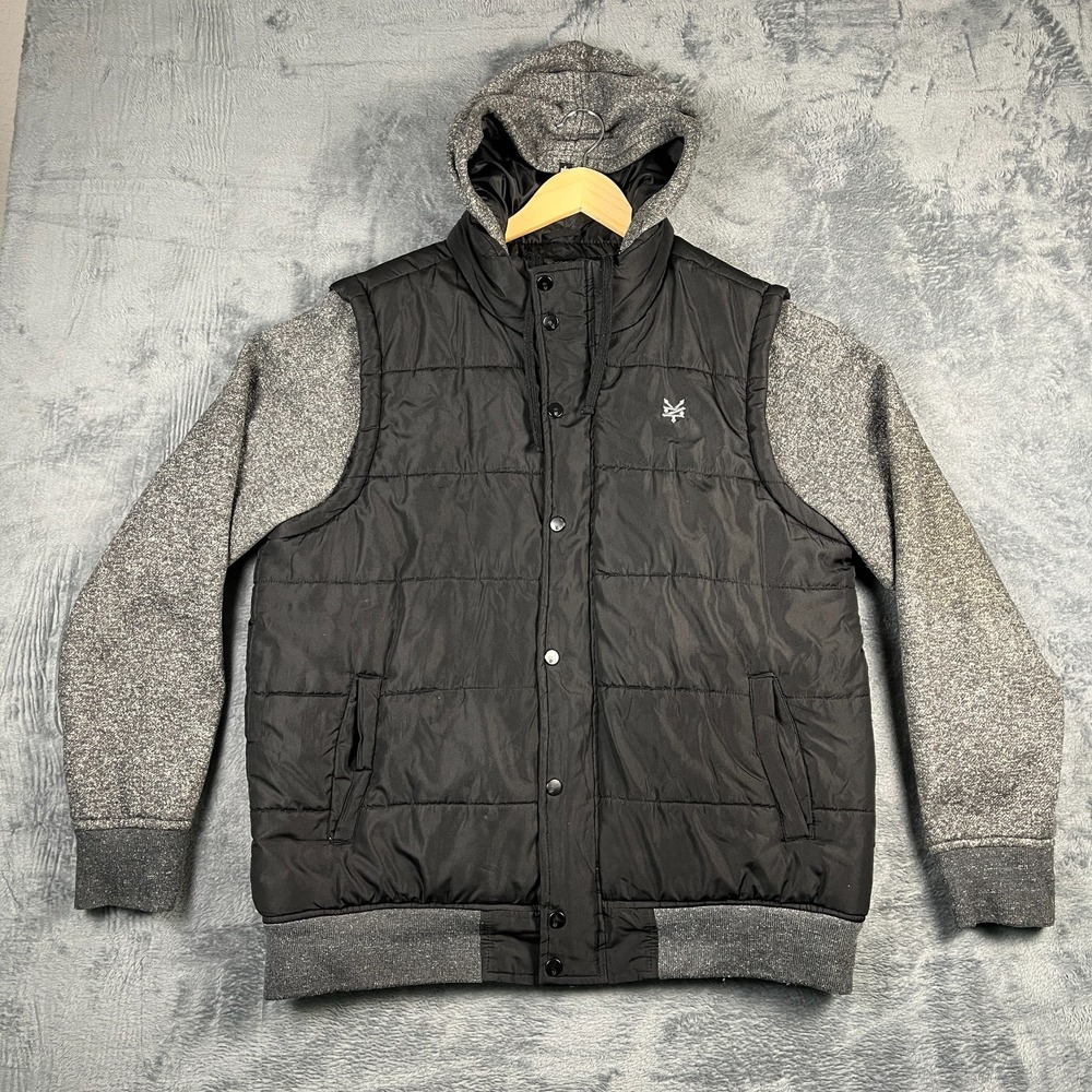 Zoo York Puffer Jacket Mens Large Black Gray Lined Hooded Thermal Logo Full Zip